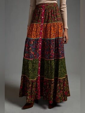 Farm Rio Tiered Floral Button-Front Maxi Skirt